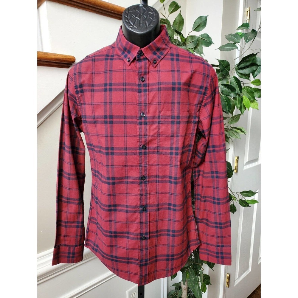 Goodfellow Mens Red & Blue Cotton Collared Long Sleeve Buttons Down Shirt Size S
